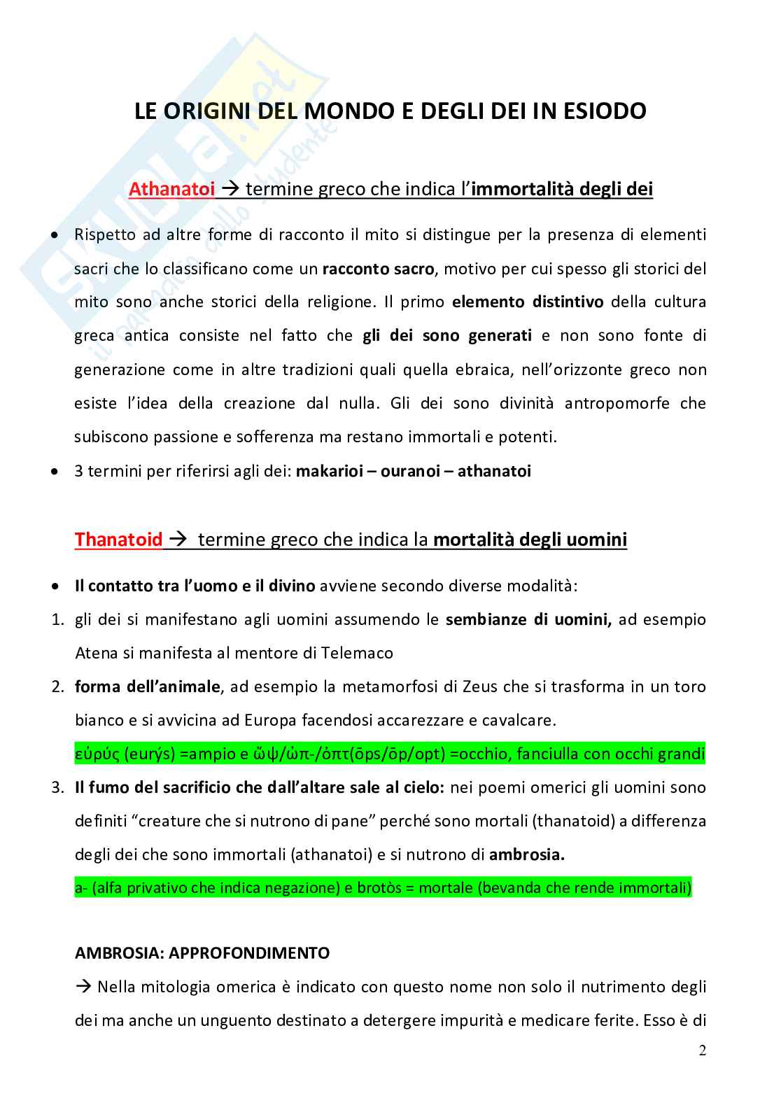Appunti completi corso Storia e fortuna della mitologia classica   Pag. 2