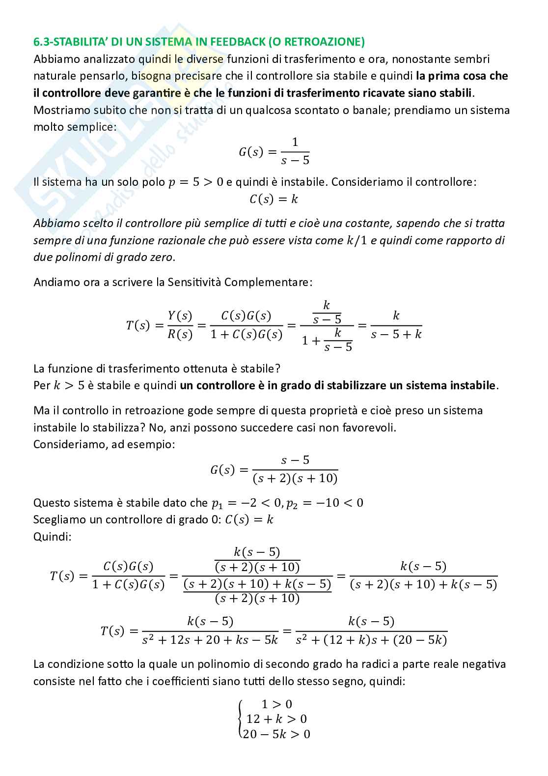 Controlli automatici, parte 6 - Il problema della sintesy (o controllo) Pag. 11