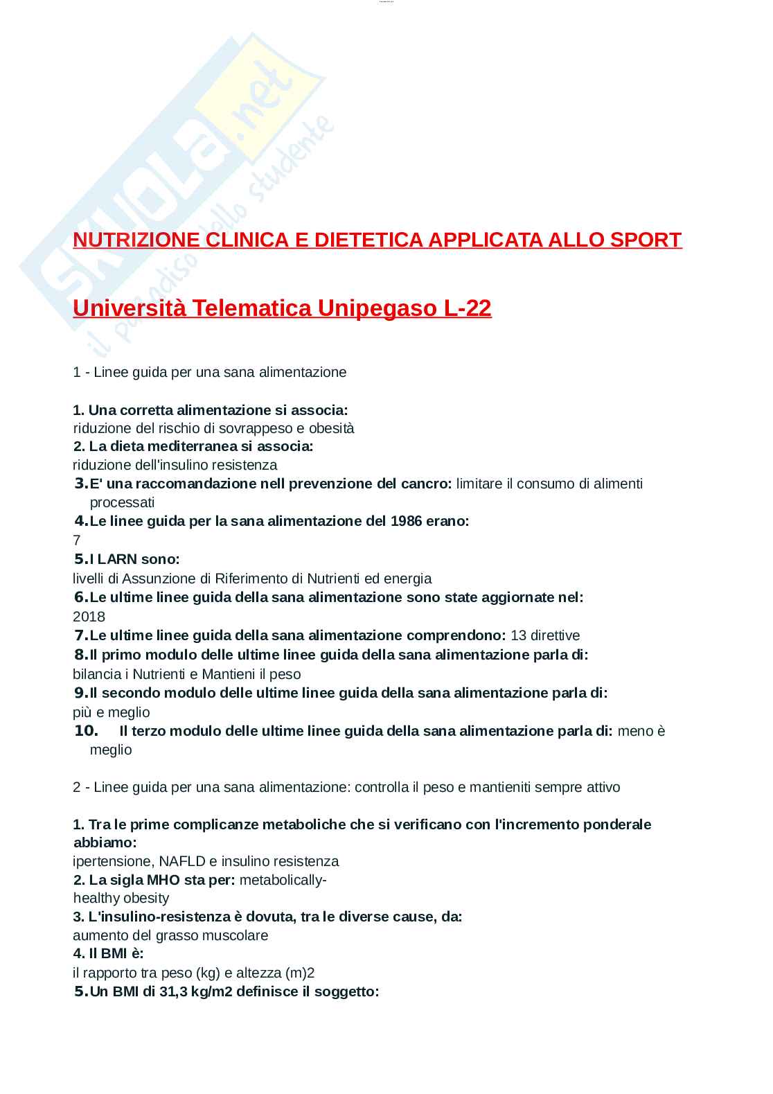 Paniere esame Nutrizione ed endocrinologia, Nutrizione clinica e Dietetica applicata allo sport  Pag. 1