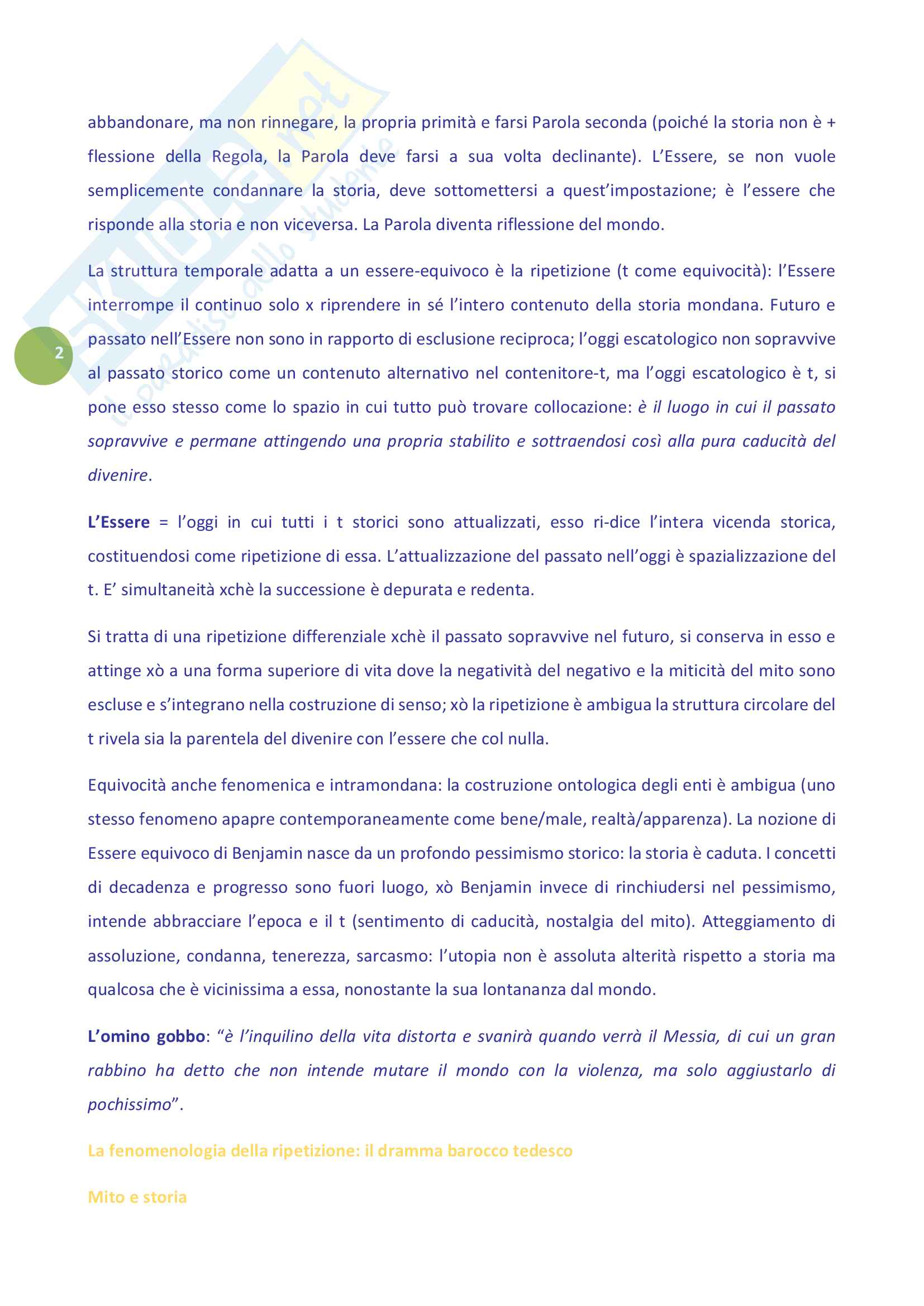 Sunto per l'esame di Filosofia teoretica, docente Guglielminetti. Libro consigliato Walter Benjamin. Tempo, ripetizione, equivocità, Guglielminetti Pag. 2