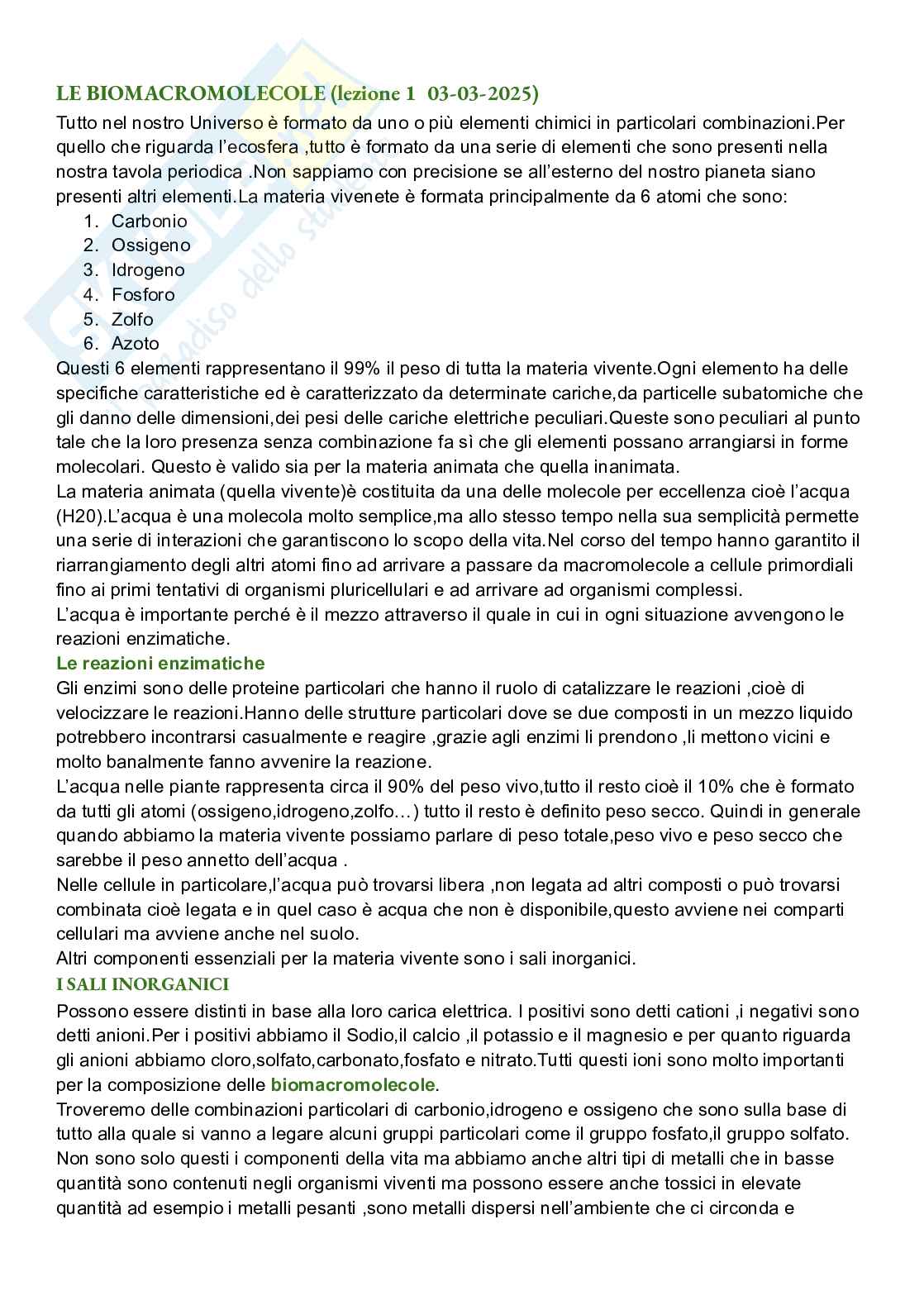 Riassunto esame Biologia cellulare, Prof. De Nisco Alessandro, libro consigliato Biologia sistematica vegetale , Zanichelli  Pag. 1