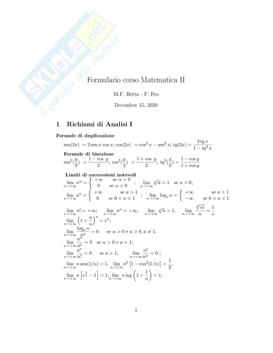 Formulario Analisi matematica due Pag. 1