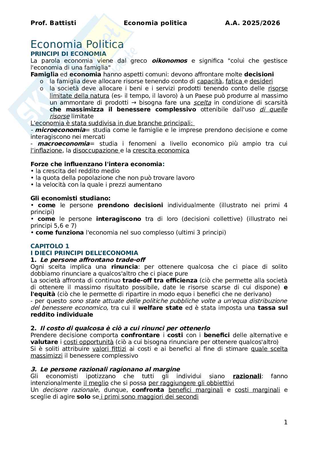 Riassunto esame Economia politica, Prof. Battisti Michele, libro consigliato L’essenziale di economia , Markiw Pag. 1