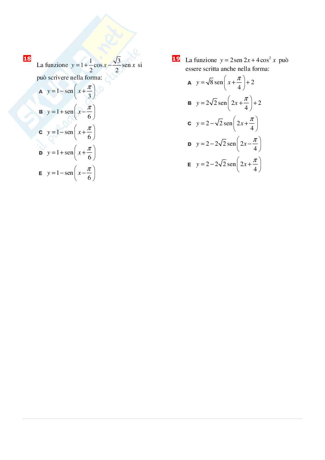Esercitazione con domande a risposta multipla sulle formule goniometriche Pag. 6