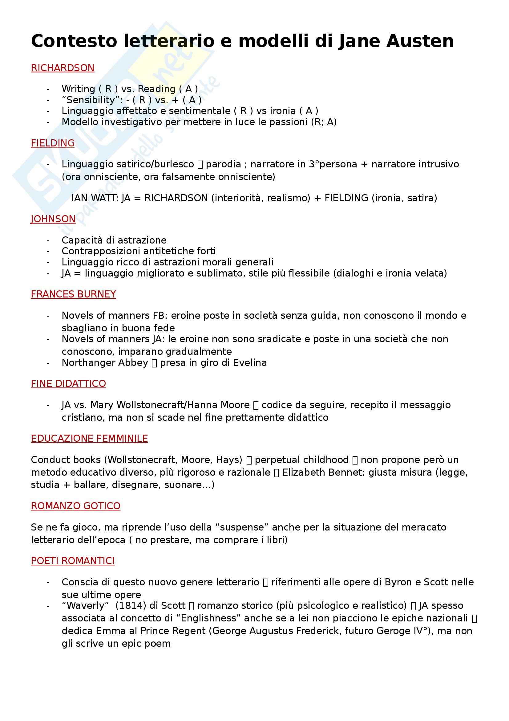 Letteratura inglese - modelli che ispirarono Jane Austen Pag. 1