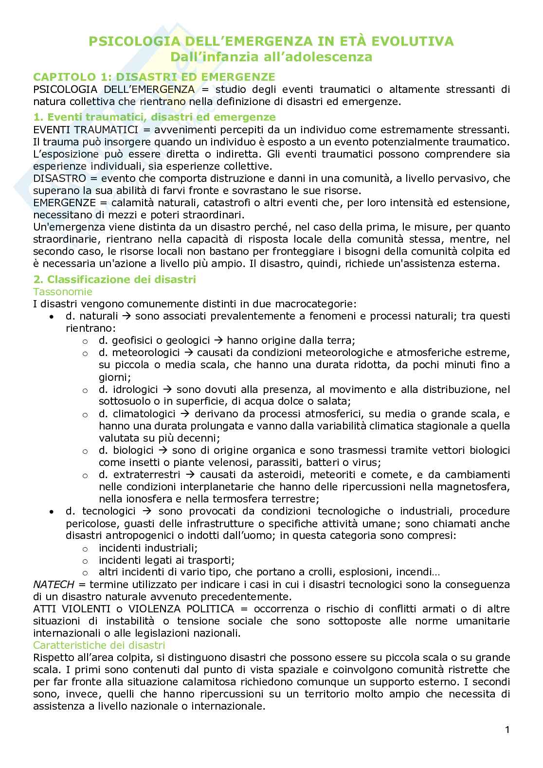 Riassunto esame Disagio e risorse nello sviluppo psicologico, Prof. Raccanello Daniela, libro consigliato Psicologia dell'emergenza in età evolutiva, Daniela Raccanello, Giada Vicentini Pag. 1
