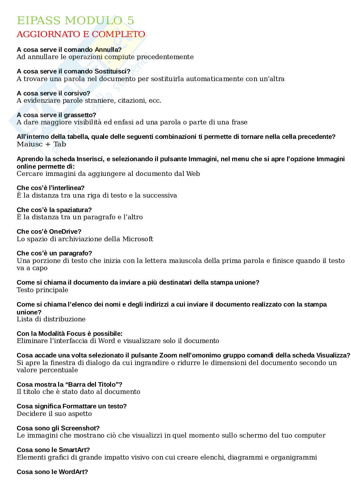 Eipass Modulo 5: Fondamenti di Word e Funzioni Avanzate  (Word - Elaborazione Testi) + domande inedite Pag. 1