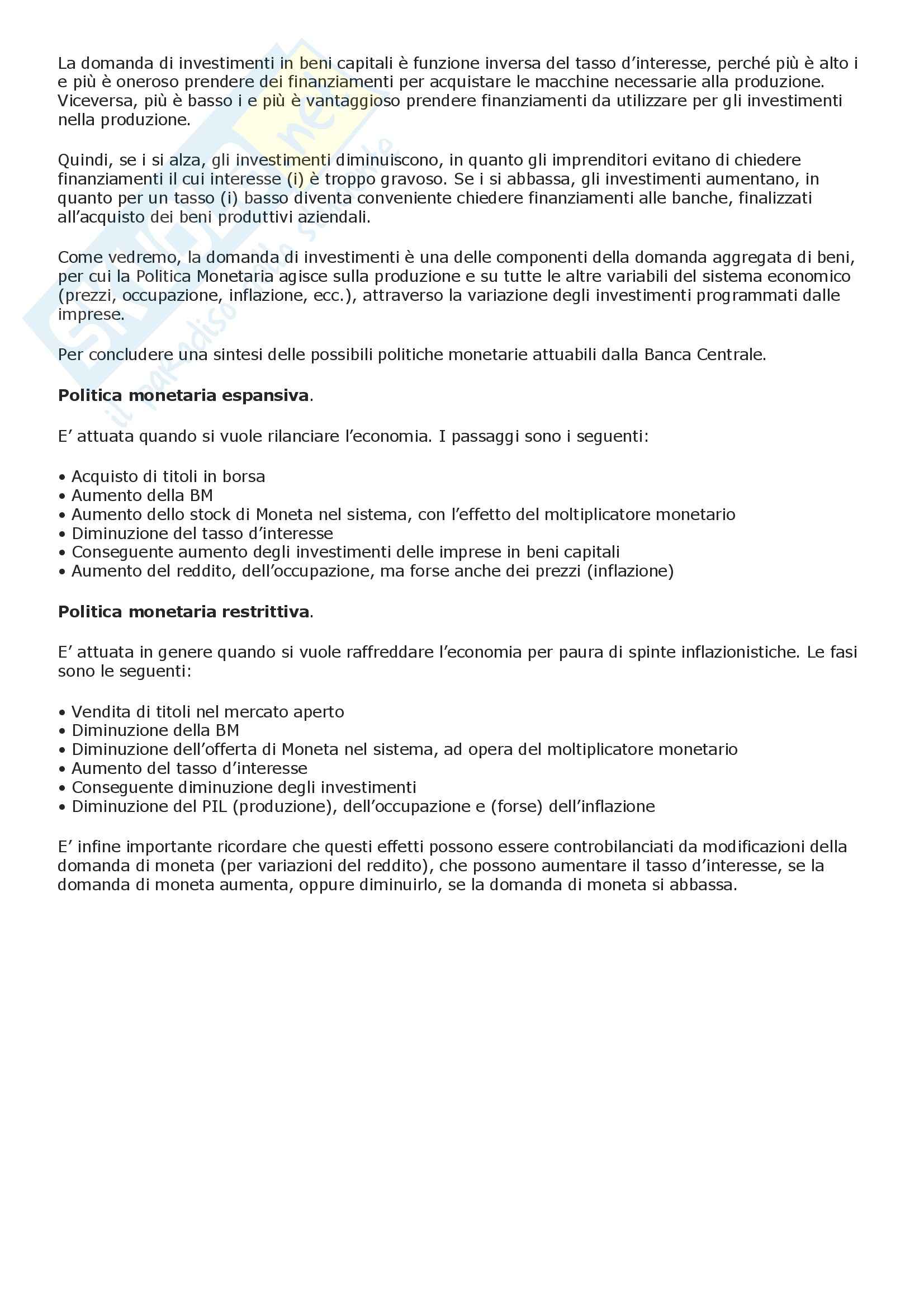 Macroeconomia - moneta e moltiplicatore monetario - Riassunto esame, prof. Bevolo Pag. 6