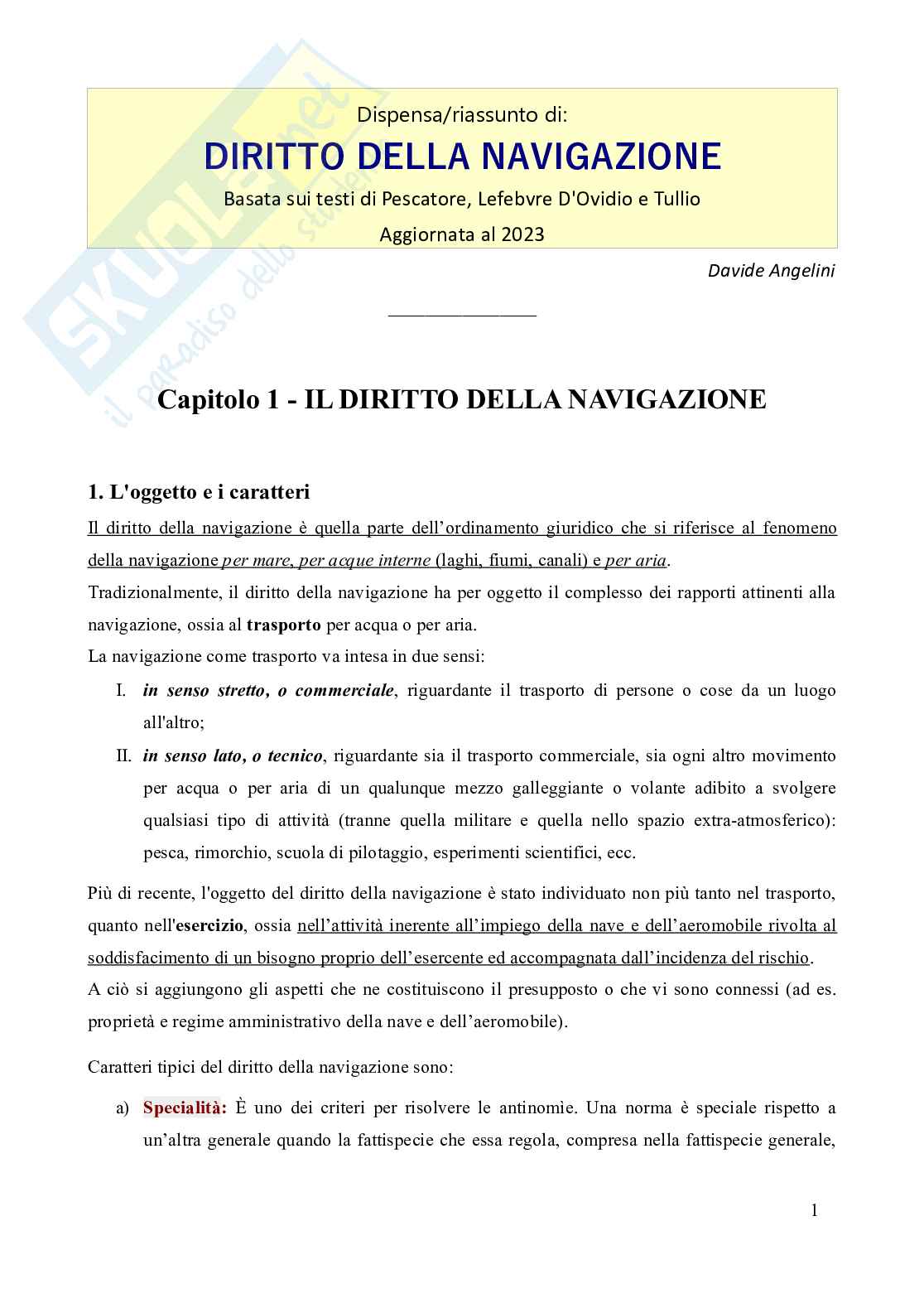 Riassunto esame Diritto della navigazione, Prof. Tani Ilaria, libro consigliato Manuale di diritto della navigazione, 15^edizione (2019), Pescatore, D'Ovidio, Tullio Pag. 1