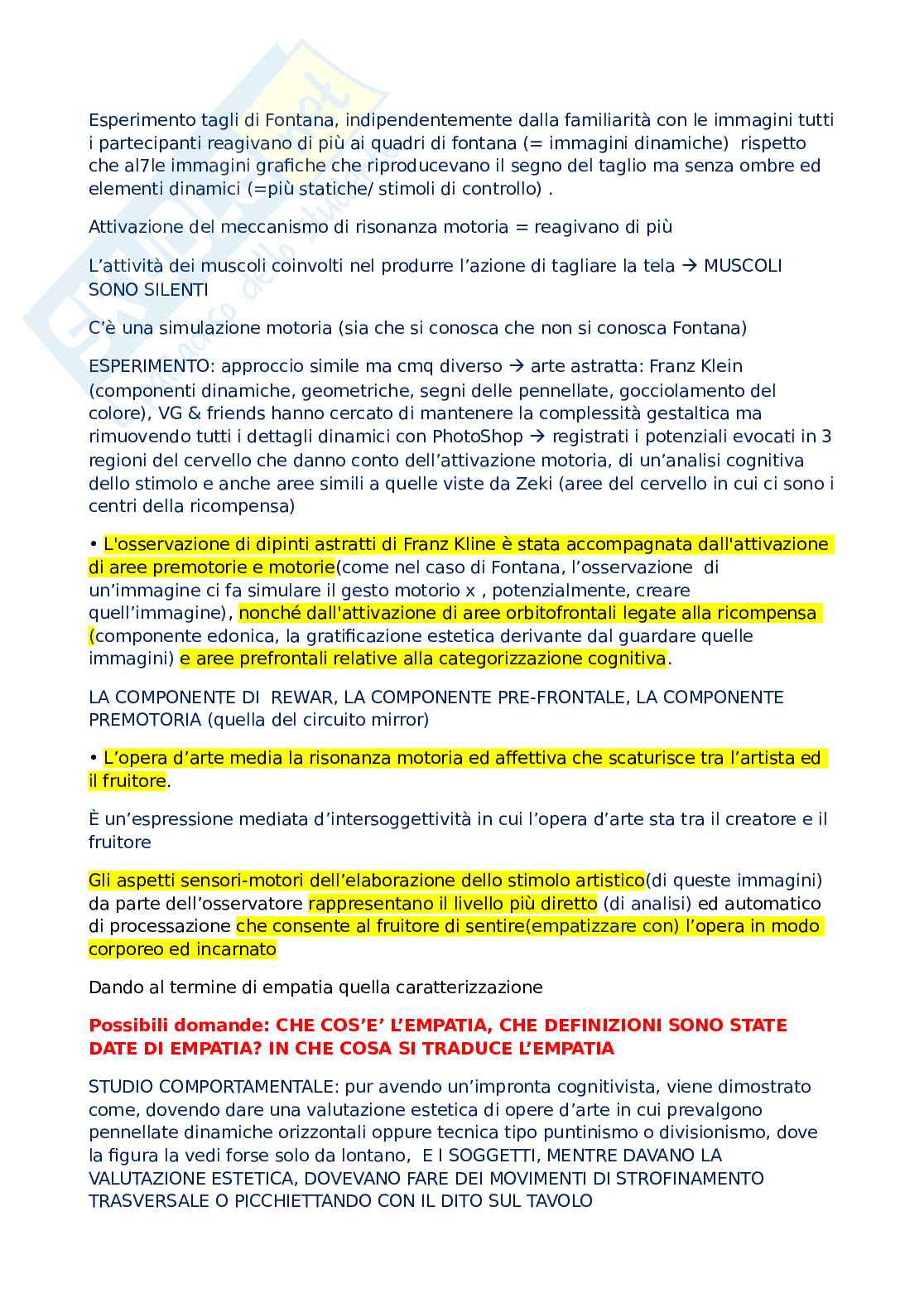 Riassunto esame Arti e neuroscienze cognitive, Prof. Gallese Vittorio, libro consigliato Lo schermo empatico, Guerra, Gallese Pag. 1