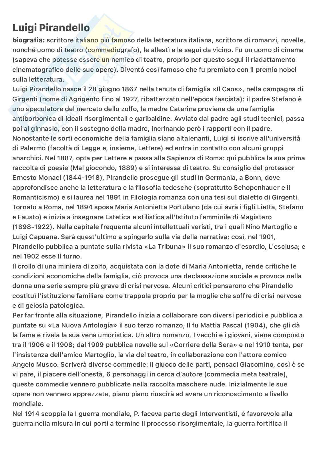 Luigi Pirandello: poetica, umorismo e analisi de Il Fu Mattia Pascal Pag. 1