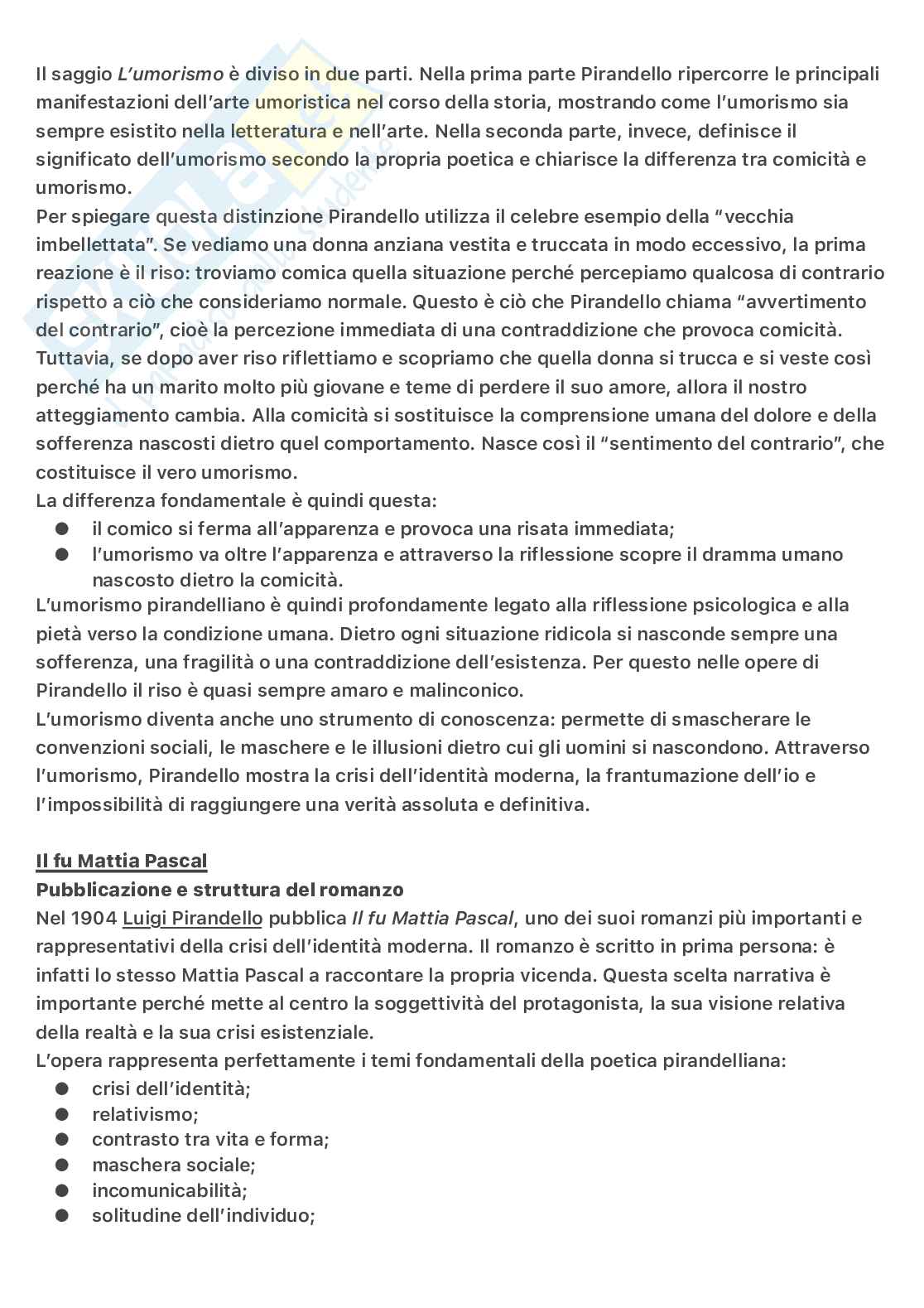 Luigi Pirandello: poetica, umorismo e analisi de Il Fu Mattia Pascal Pag. 6