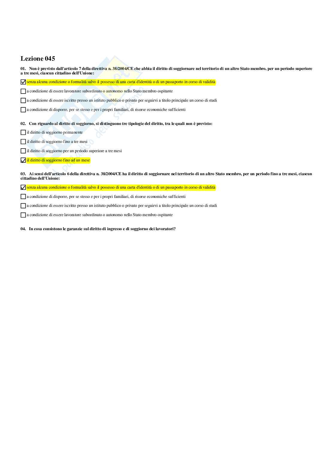 Paniere di diritto dell'Unione Europea - risposte multiple Pag. 46