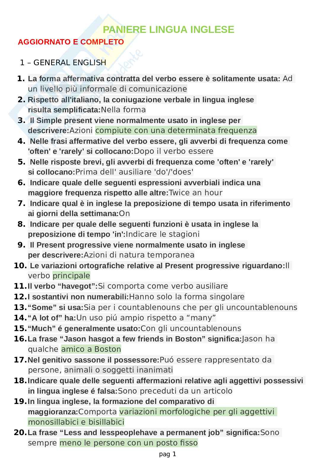Domande e risposte Lingua Inglese. Aggiornato e completo. In ordine Pag. 1