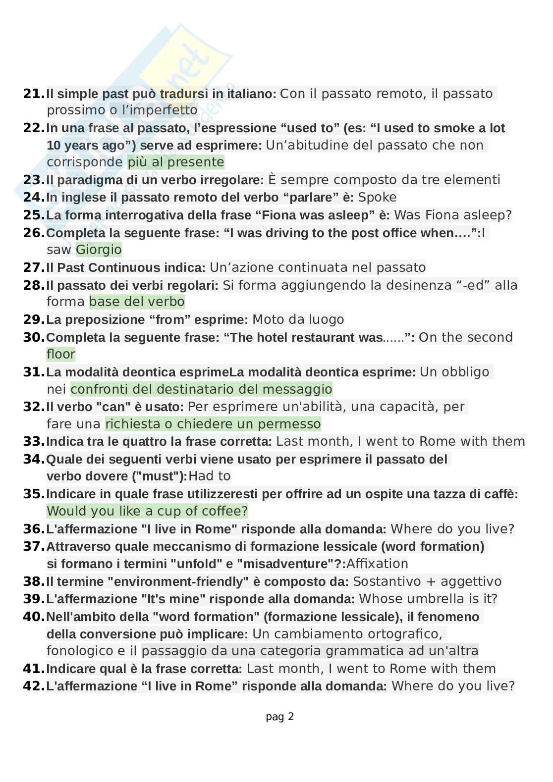 Domande e risposte Lingua Inglese. Aggiornato e completo. In ordine Pag. 2