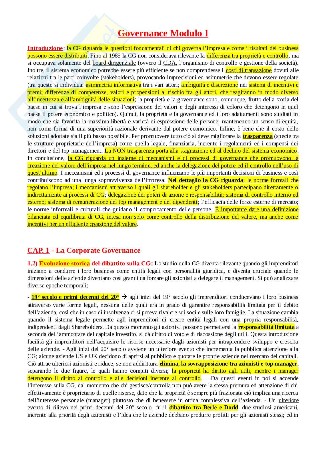 Corporate Governance Modulo I Pag. 1