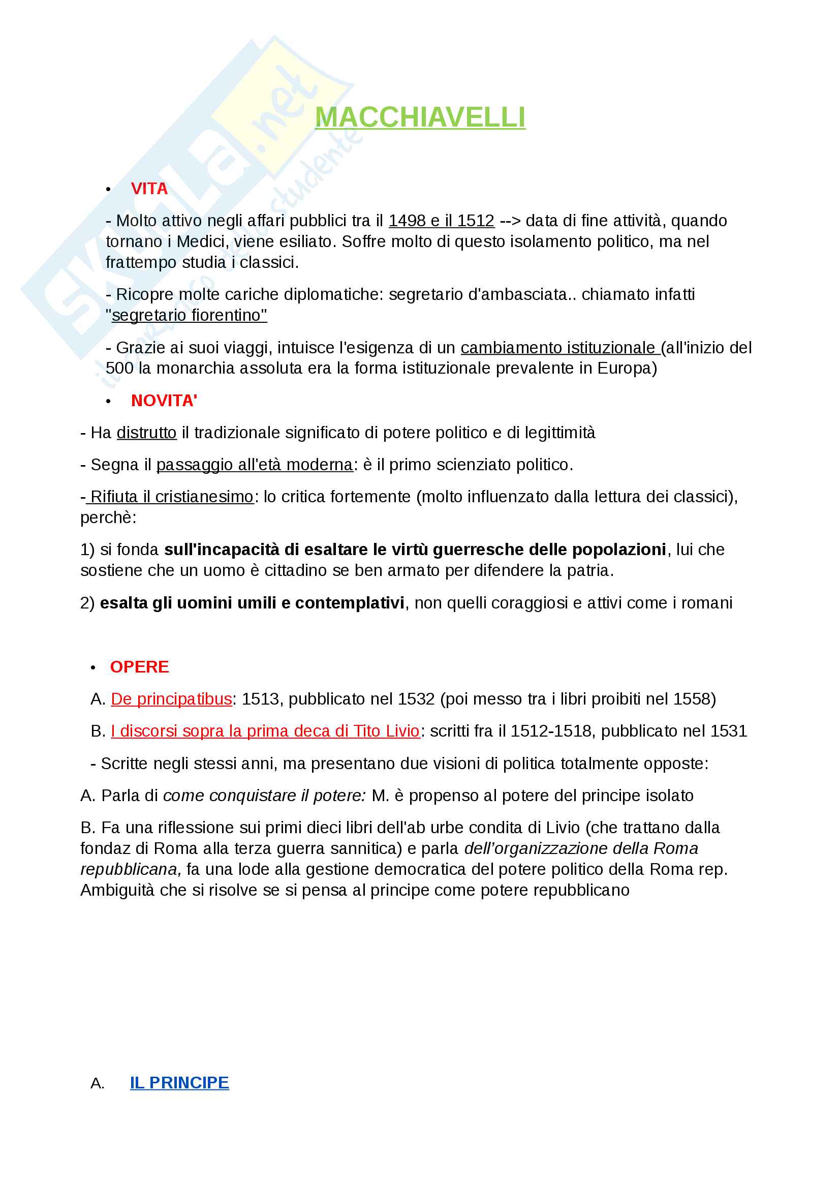 Macchiavelli - Storia delle dottrine politiche Pag. 1