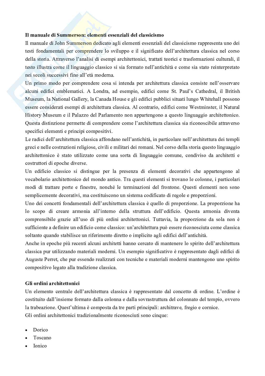 Riassunto esame Storia dell'architettura e delle tecniche costruttive, Prof. Forni Maria Enrica Marica, libro consigliato Il linguaggio classico dell'architettura, Summerson Pag. 1