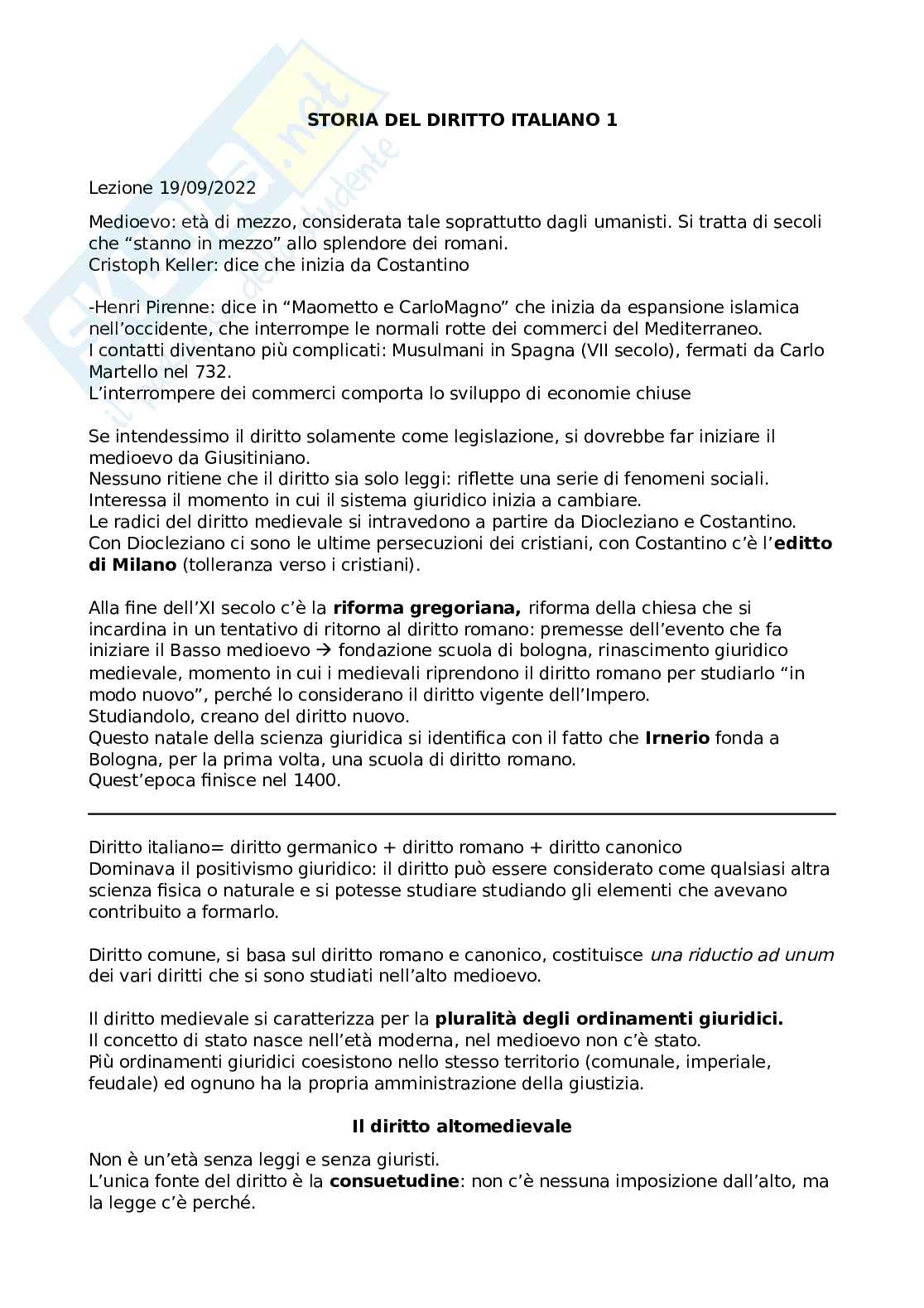 Riassunto esame Storia del diritto italiano I, Prof. Fiori Antonia, libro consigliato Ennio Cortese, "Le linee della storia giuridica medievale", Ennio Cortese Pag. 1