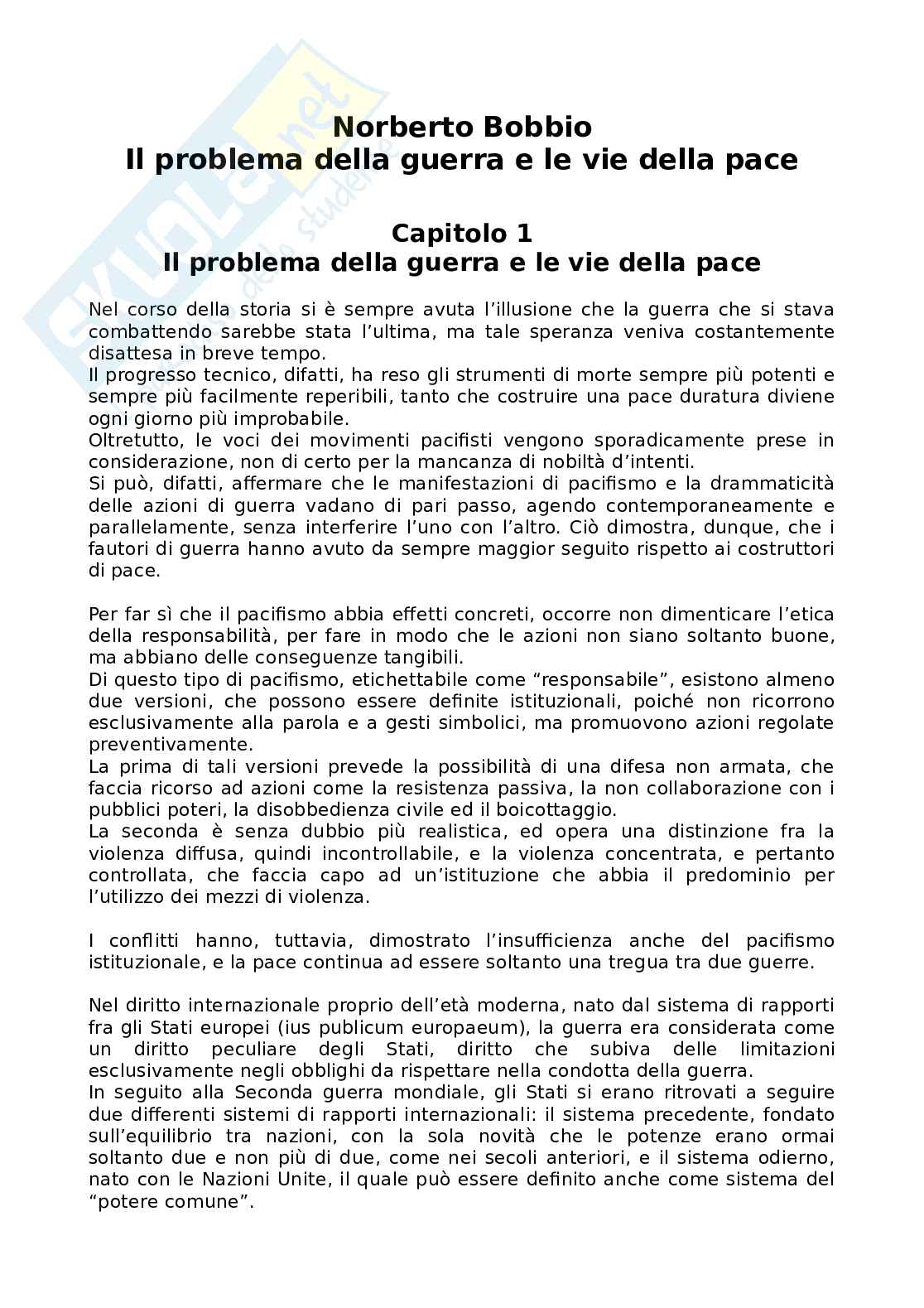 Riassunto esame Storia moderna, Prof. Piccioni Lidia, libro consigliato Il problema della guerra e le vie della pace, Norberto Bobbio Pag. 1