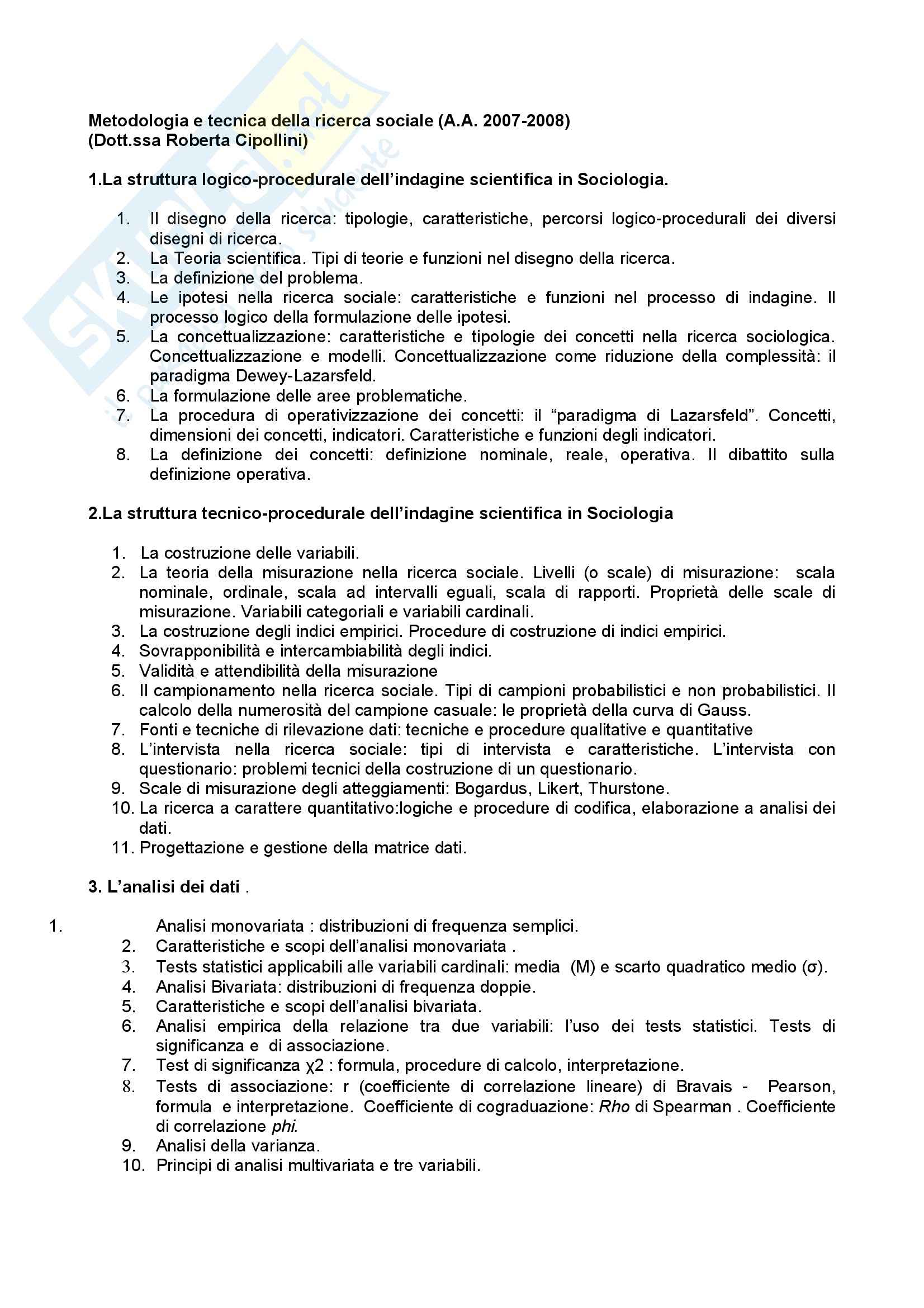 Metodologia e tecnica della ricerca sociale Pag. 1