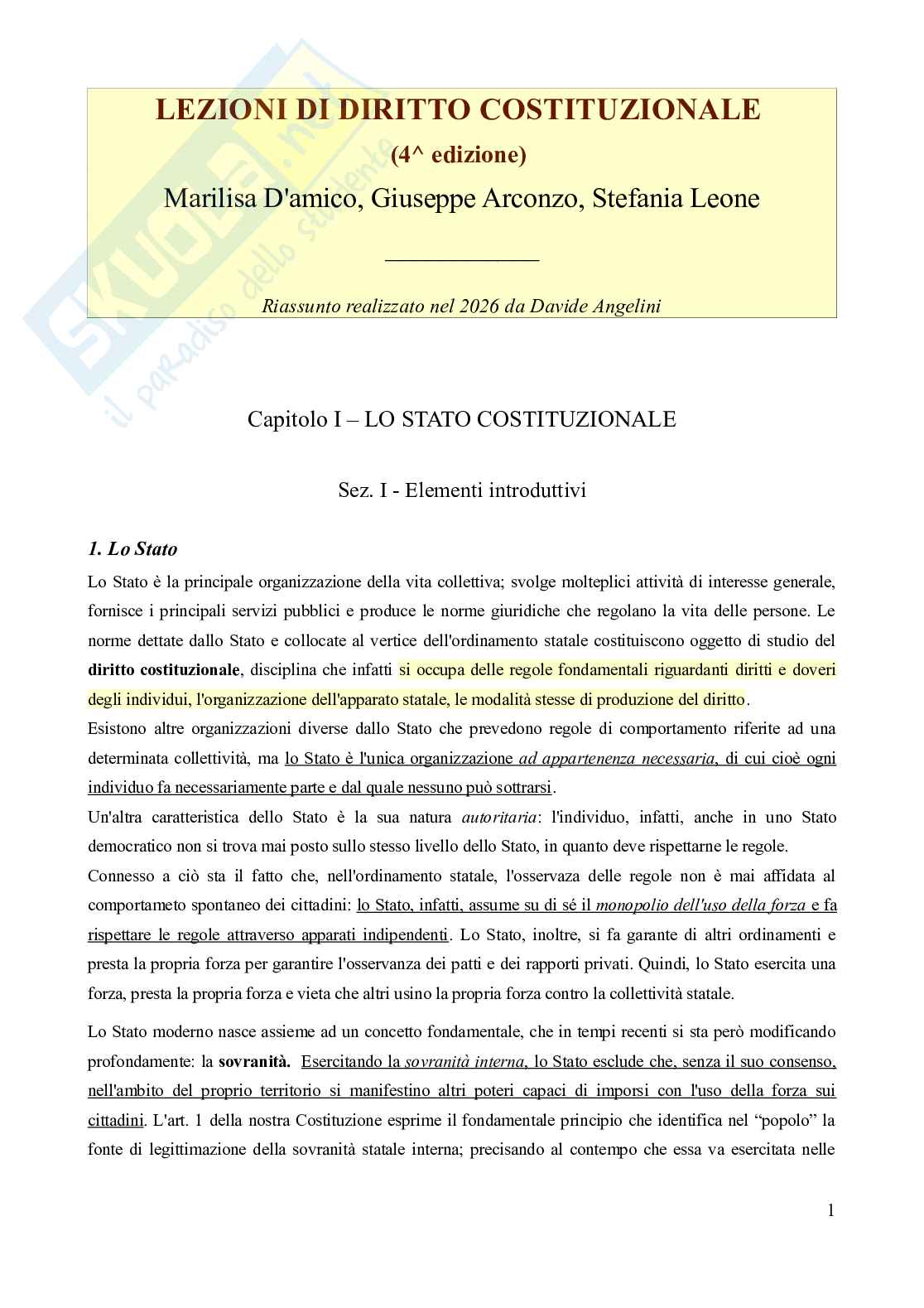Riassunto esame Diritto costituzionale, Prof. D'Amico Marilisa, libro consigliato Lezioni di Diritto costituzionale, D'amico, Arconzo, Leone Pag. 1