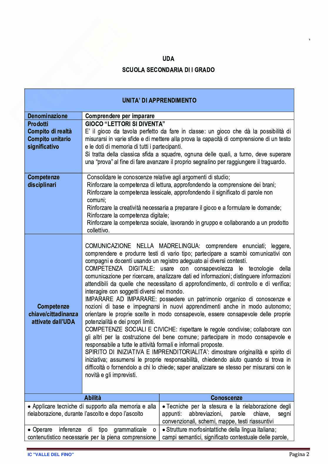 Esempio UDA lezione simulata per la scuola secondaria di primo grado e concorsi pubblici dal titolo Comprendere per imparare Pag. 2