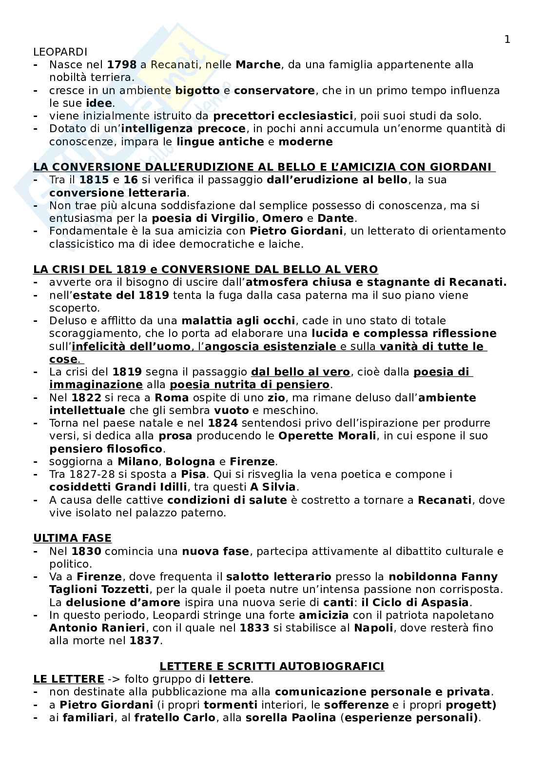 Leopardi: vita, opere Pag. 1