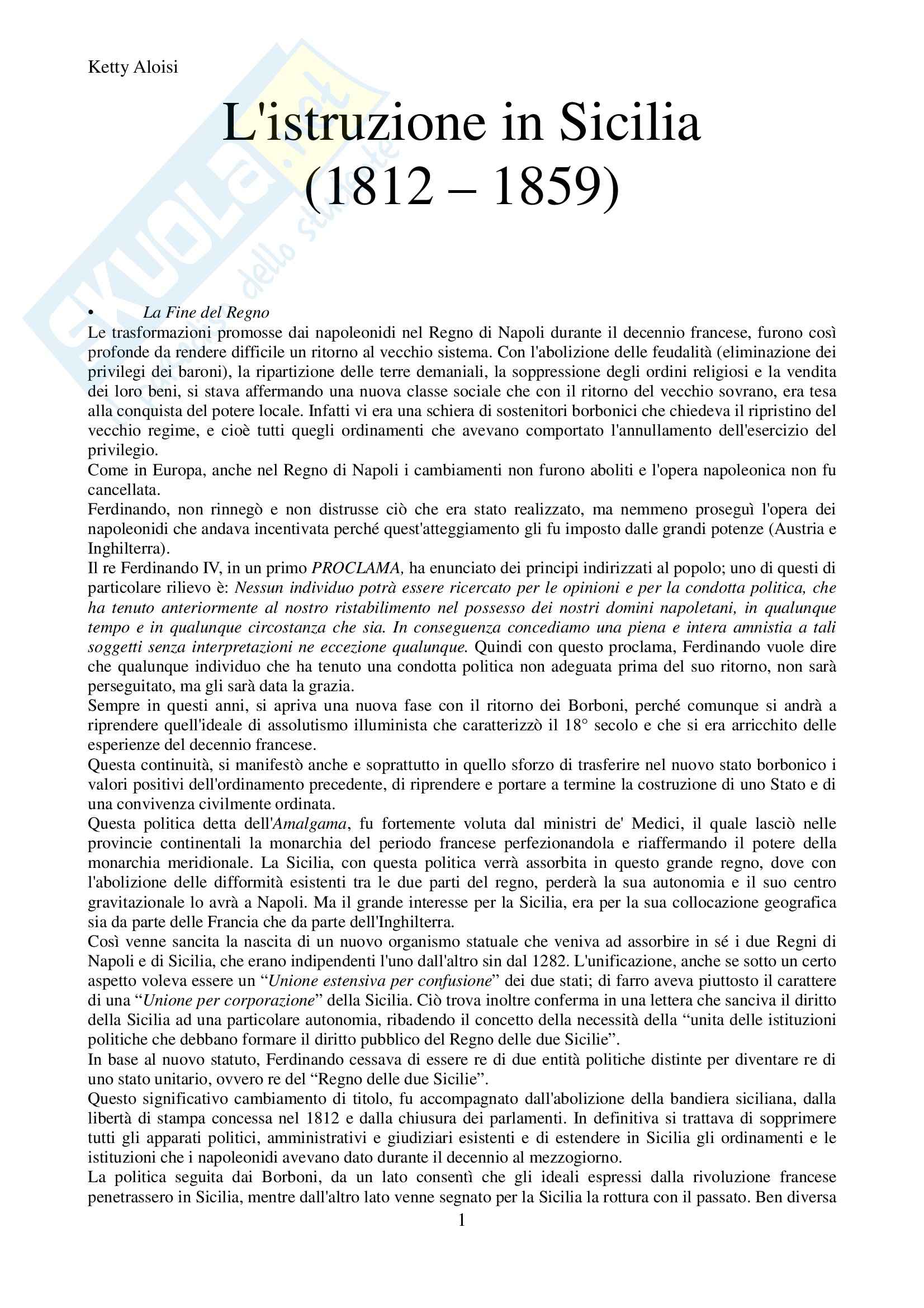 Riassunto esame Scuola istituzioni, prof. Sindoni, libro consigliato L'istruzione in Sicilia, Agresta Pag. 1