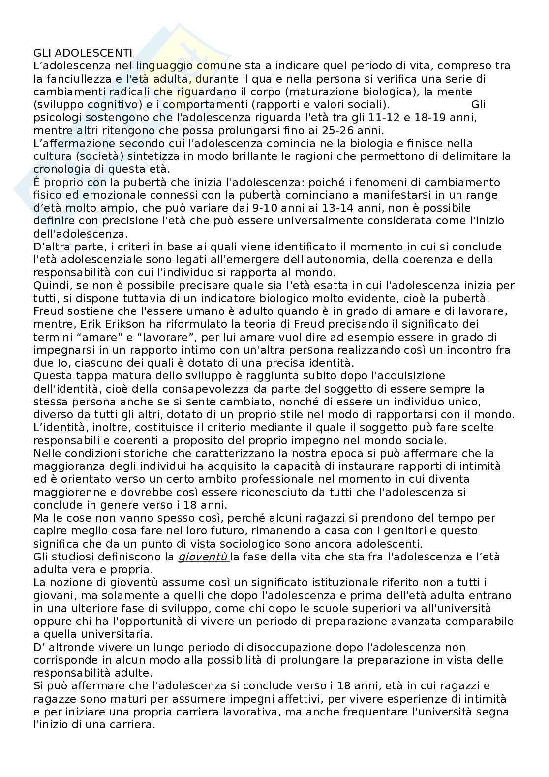 Riassunto esame Psicologia dello sviluppo, Prof. Tomasello Letteria, libro consigliato Gli adolescenti , Augusto Palmonari Pag. 1