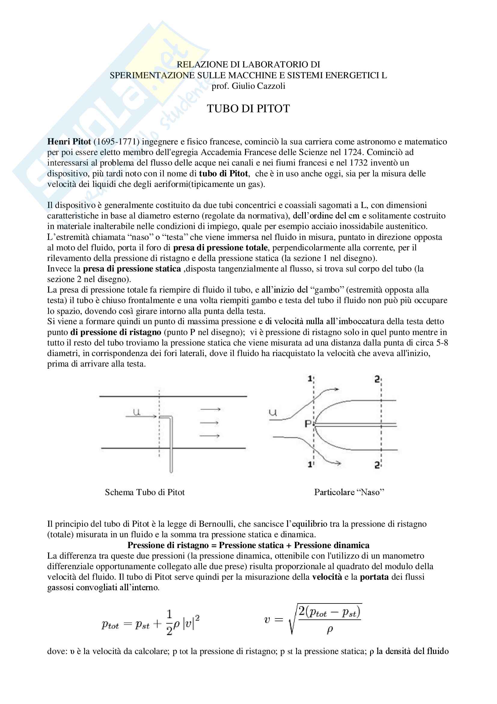 Appunti sul Tubo di Pitot, Laboratorio di Sperimentazione sulle Macchine e Sistemi Energetici Pag. 1