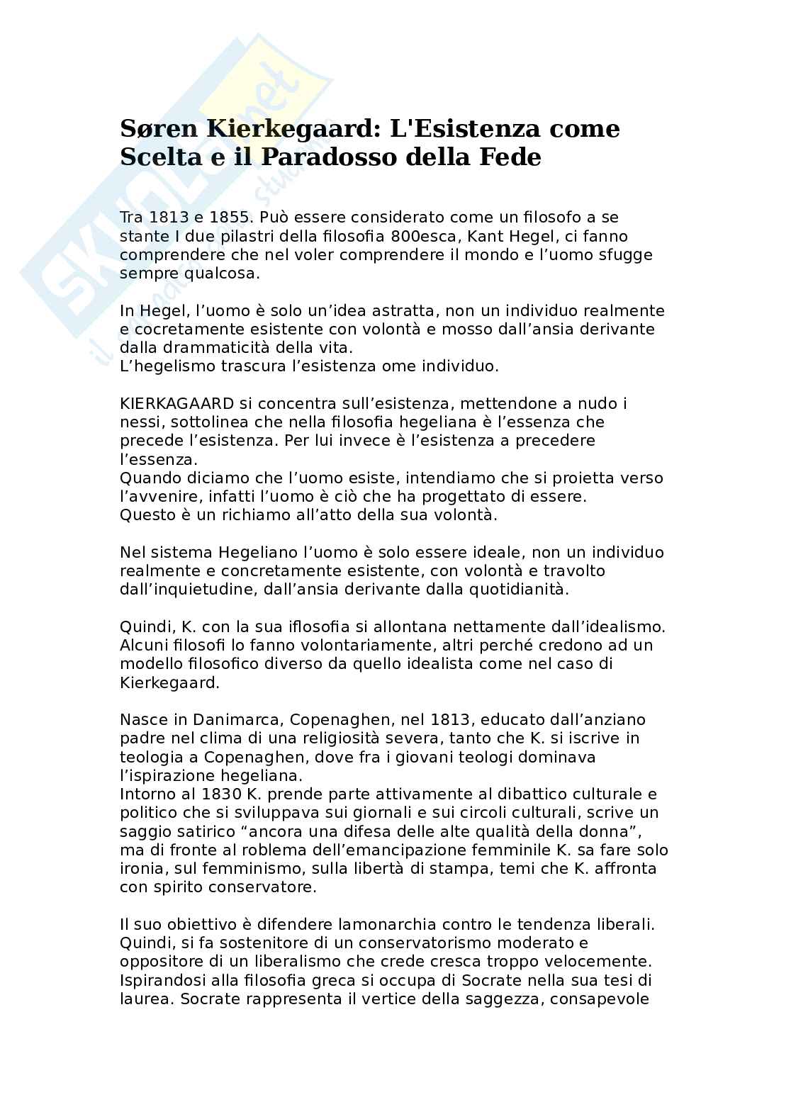 Søren Kierkegaard: l'esistenza come scelta e il paradosso della fede Pag. 1