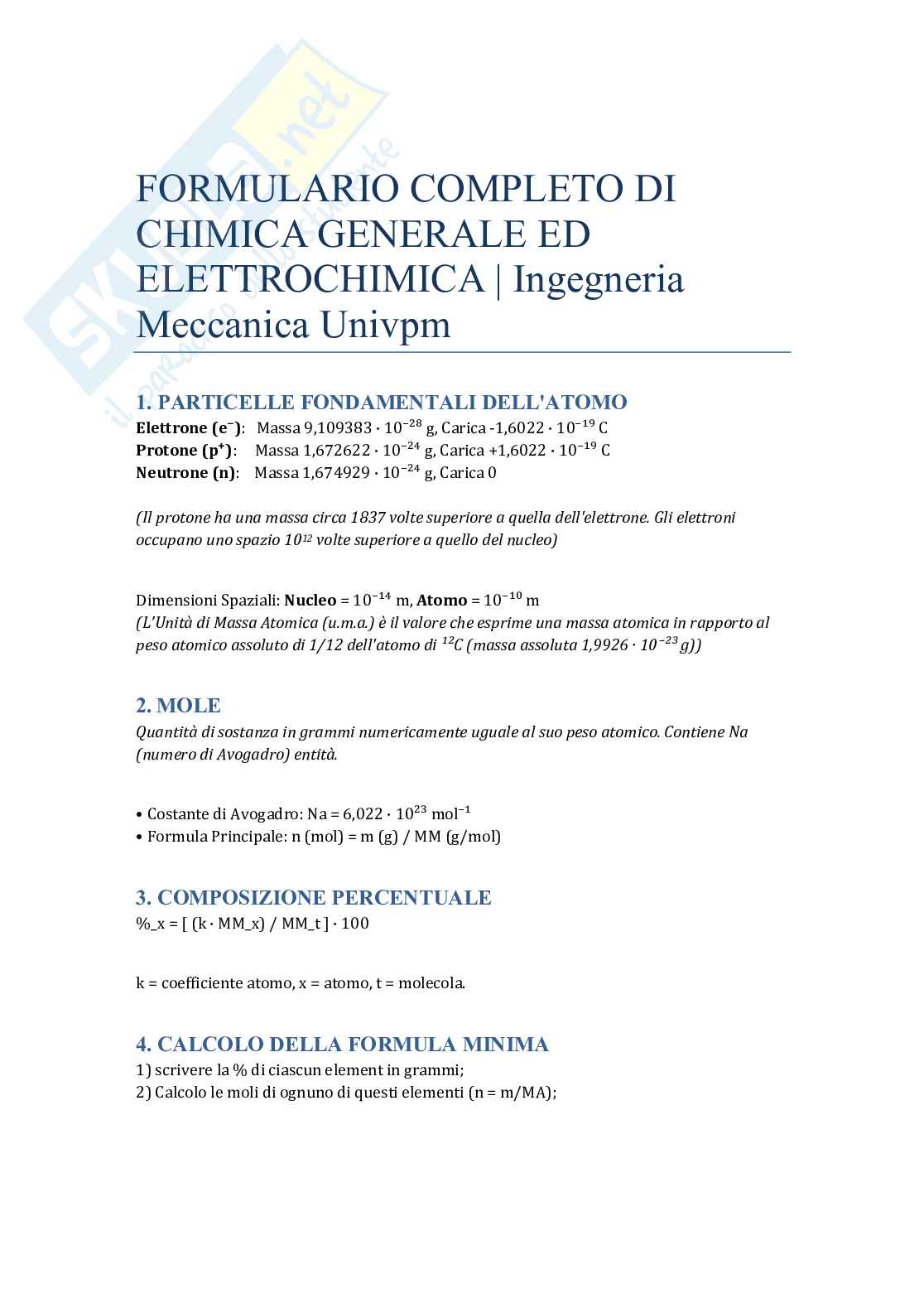 Formulario completo di Chimica generale ed Elettrochimica Pag. 1