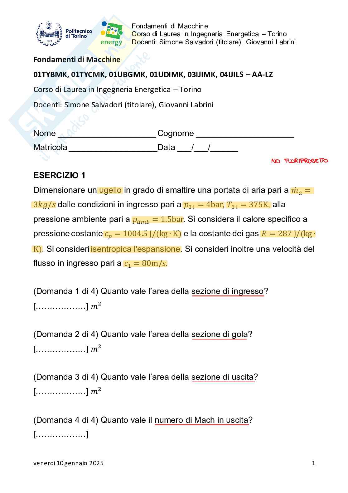 Simulazioni esercizi esame Fondamenti di macchine Pag. 1