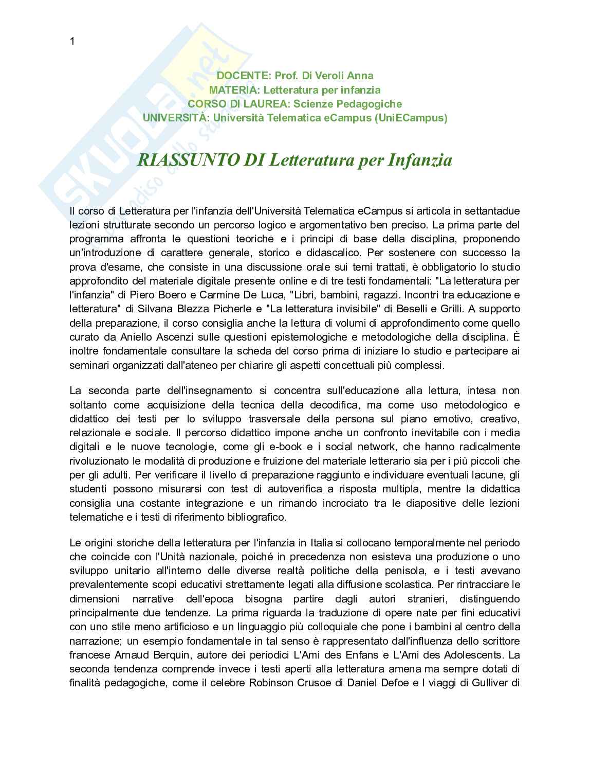 Elementi essenziali Letteratura per l'infanzia per comprendere la materia Pag. 1