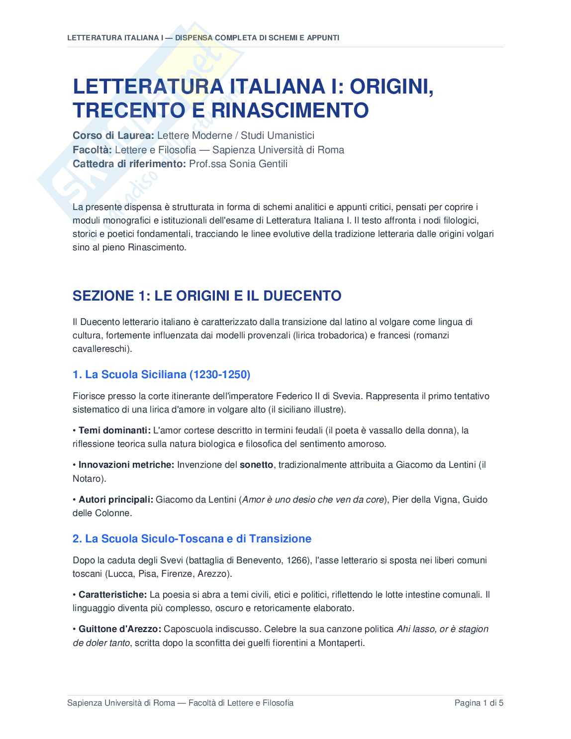 Letteratura Italiana I Pag. 1