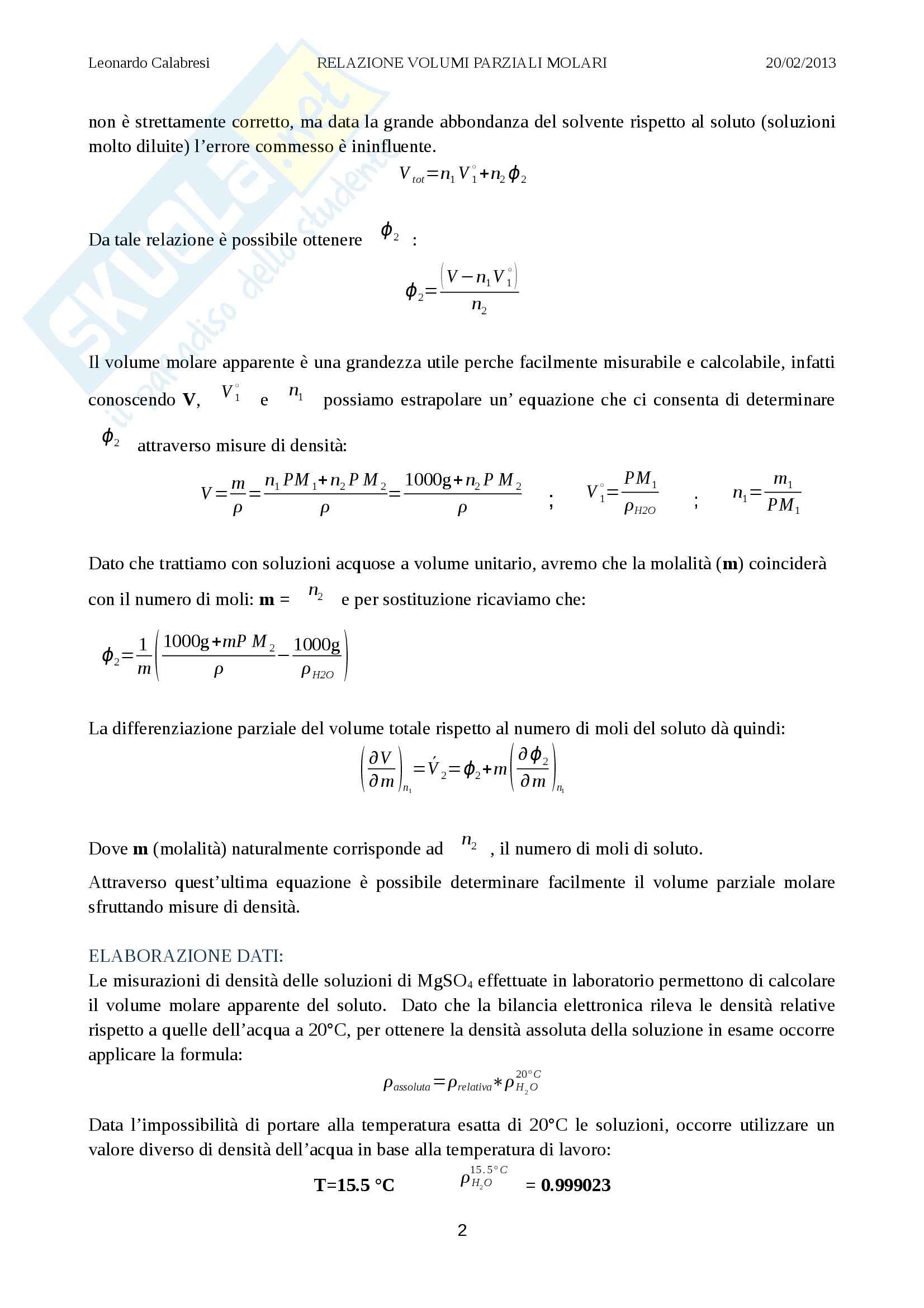 Relazione laboratorio (volumi parziali molari), Chimica fisica Pag. 2