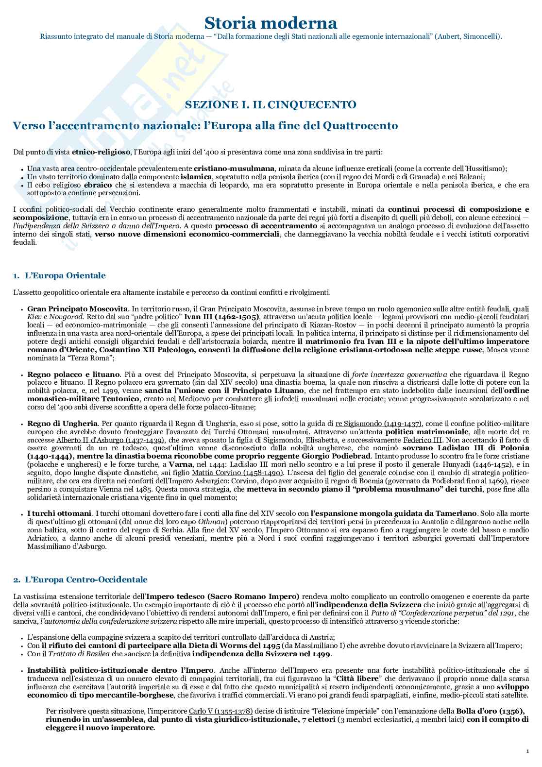 Riassunto esame Storia moderna, Prof. Valente MIchaela, libro consigliato Storia moderna: dalla formazione degli Stati nazionali alle egemonie internazionali, Aubert, Simoncelli Pag. 1