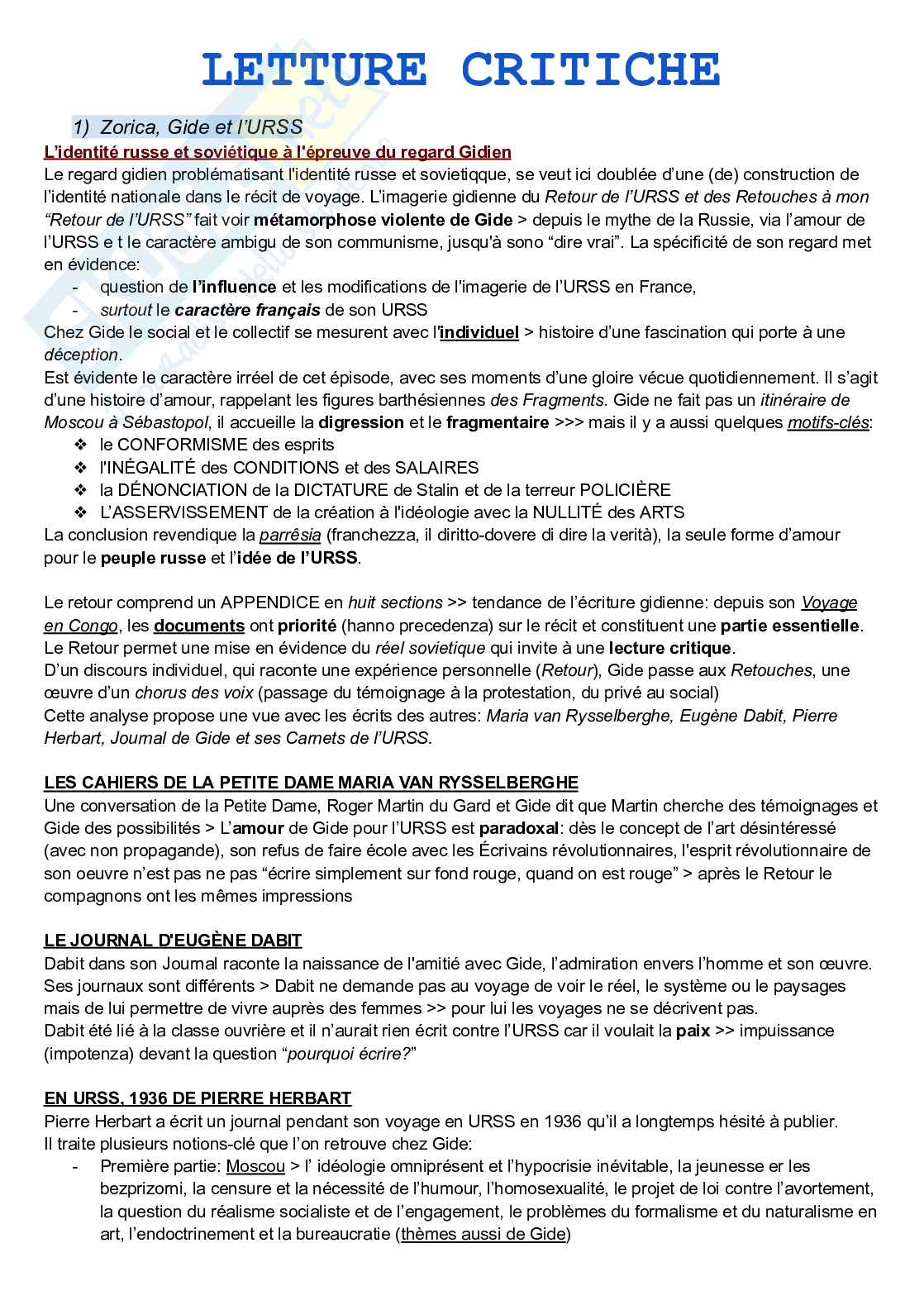 Letterature critiche, esame Letteratura francese 2 Pag. 1