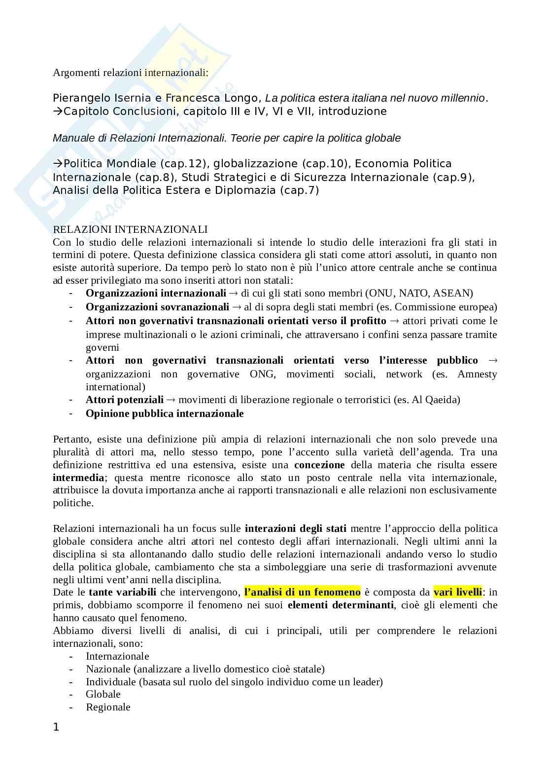 Riassunto esame Relazioni internazionali, Prof. Menegazzi Silvia, libro consigliato Manuale di Relazioni Internazionali , Raffaele Marchetti, Silvia Menegazzi  Pag. 1