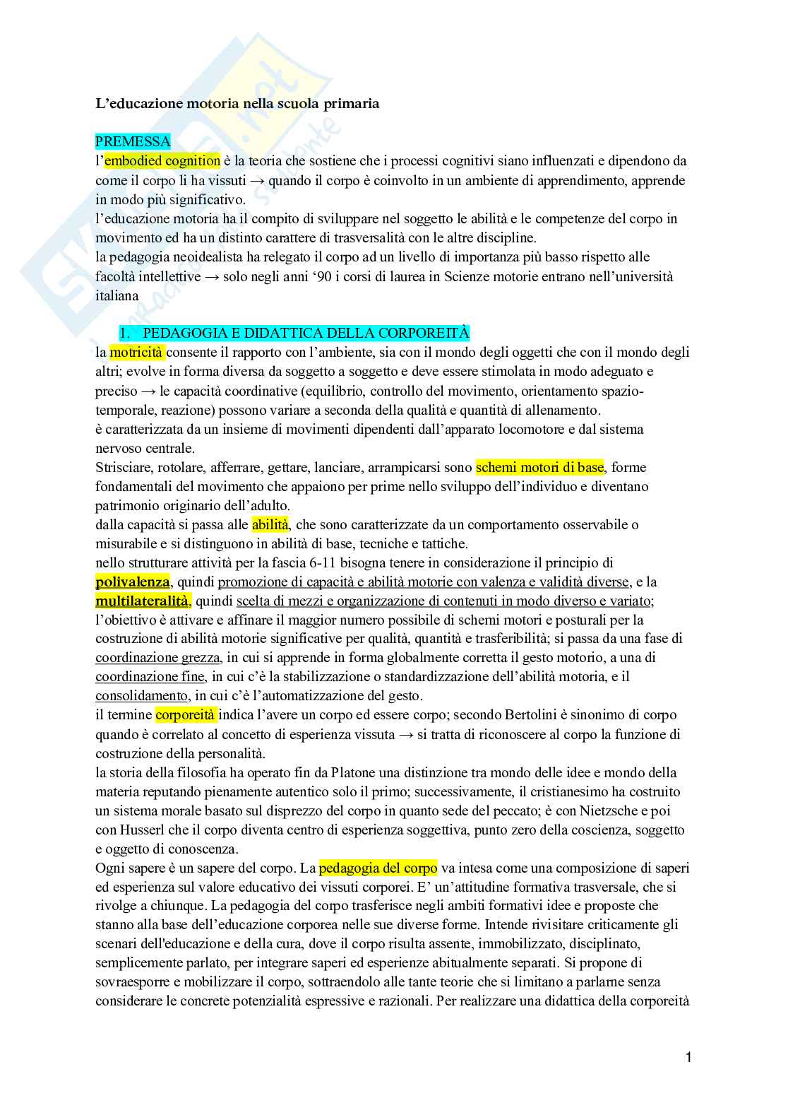 Riassunto esame Metodologia e didattica dell'attività motoria, Prof. Ceciliani Andrea, libro consigliato L’educazione motoria nella scuola primaria , Andrea Ceciliani Pag. 1