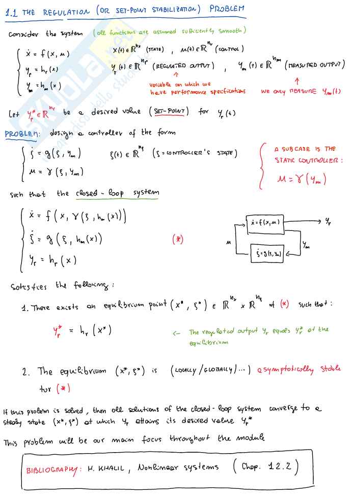 System theory and avanced control - Appunti di Controllo nonlineare: regolazione (Set-Point Stabilization), equazioni di Solvibilità, linearizzazione, Gain Scheduling e controllo integrale Pag. 1
