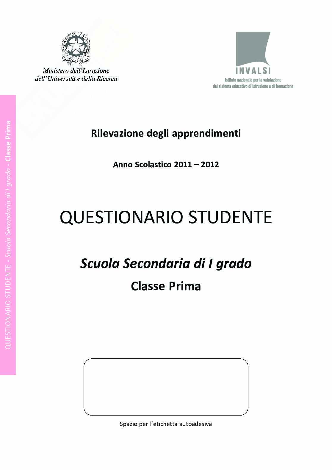 Questionario studente Invalsi Prima Media - 2012 Pag. 1
