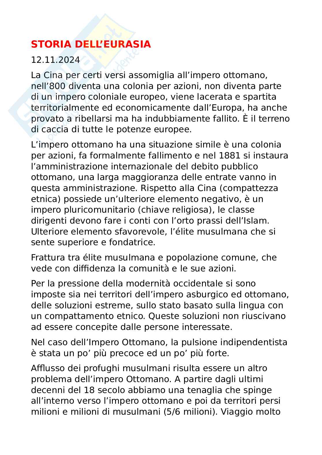 Riassunto esame Storia dell'eurasia, Prof. Rossi Fabio, libro consigliato La fine del potere ottomano. L’ultimo sultano, l’ultimo califfo, gli ultimi gran visir, Grassi Pag. 1