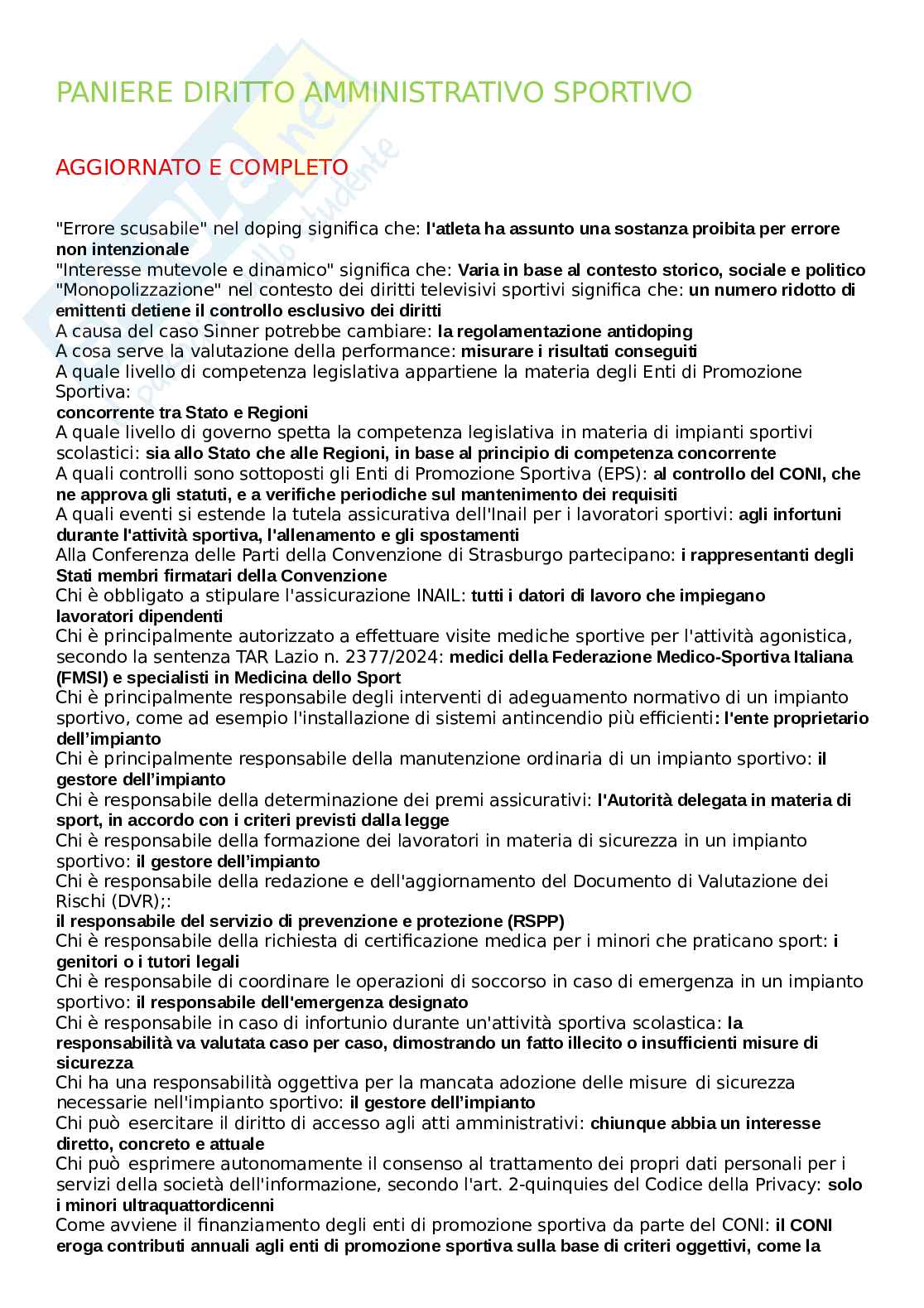 Paniere Diritto amministrativo sportivo - Normative e responsabilità nel settore. Aggiornato e completo. In ordine  Pag. 1