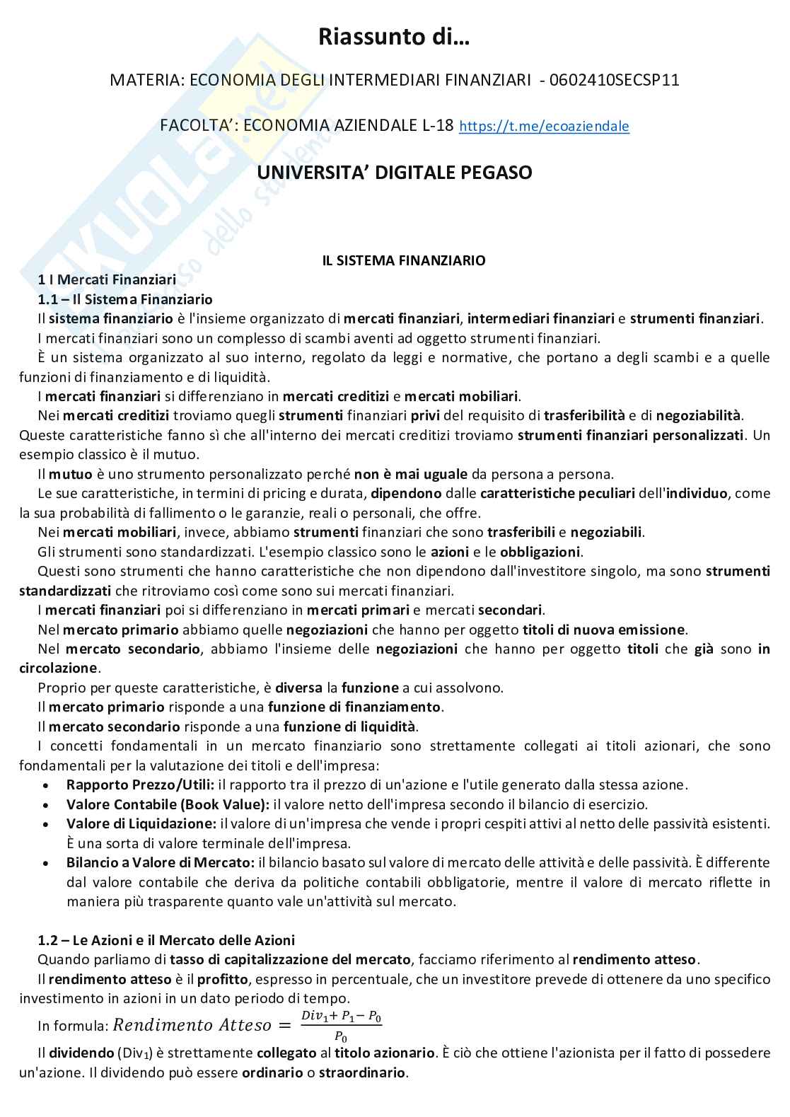 Economia degli intermediari finanziari Pag. 1