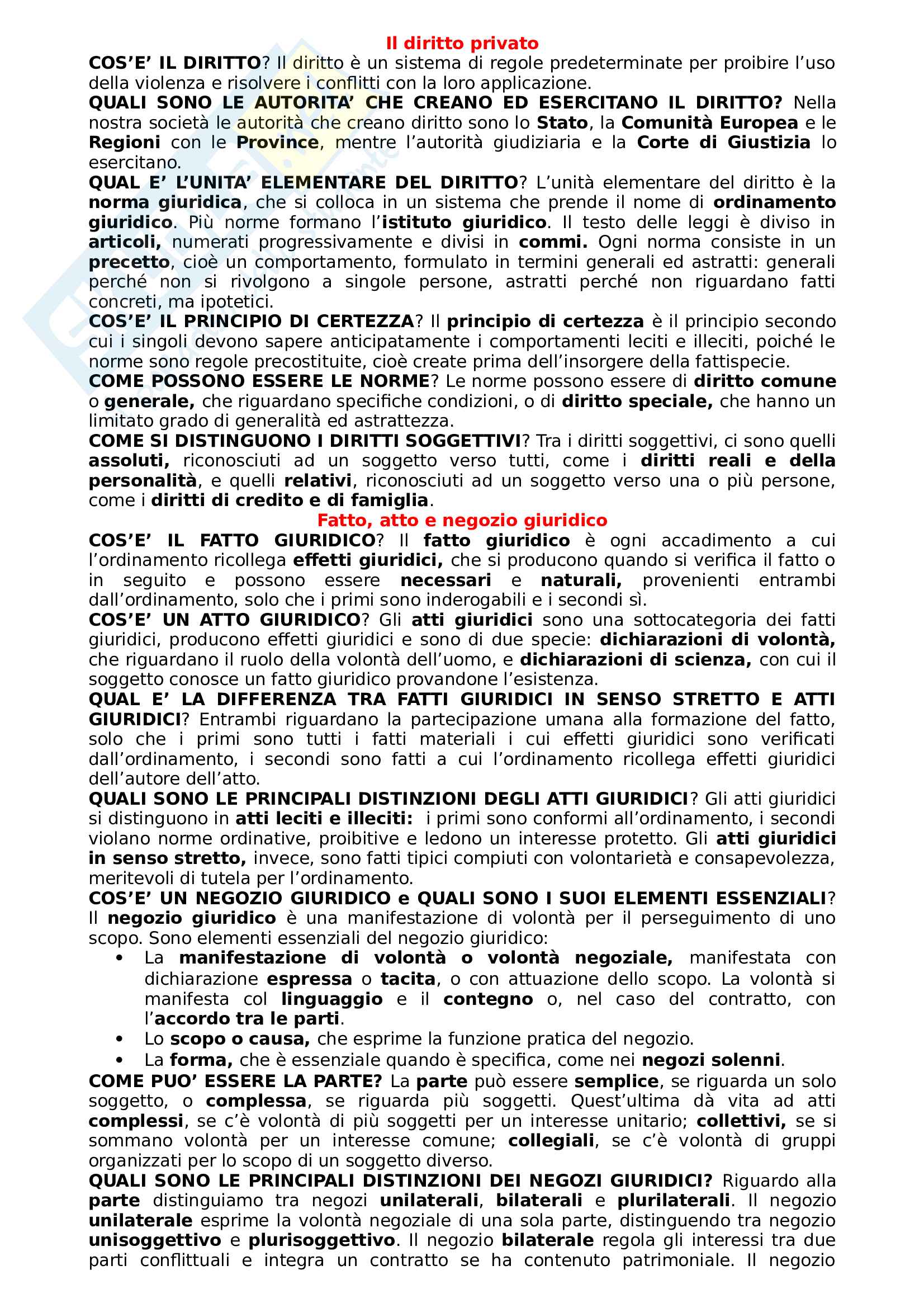 Diritto privato,  riassunto Pag. 1