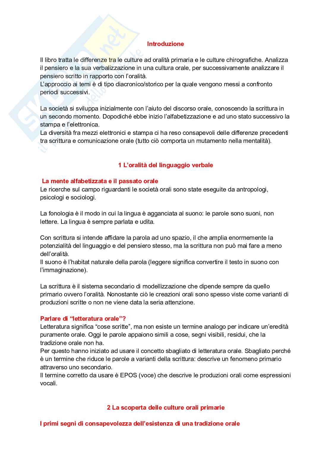 Riassunto esame Antropologia culturale, Prof. Giudici Lorella, libro consigliato Oralità e scrittura, Ong Pag. 1