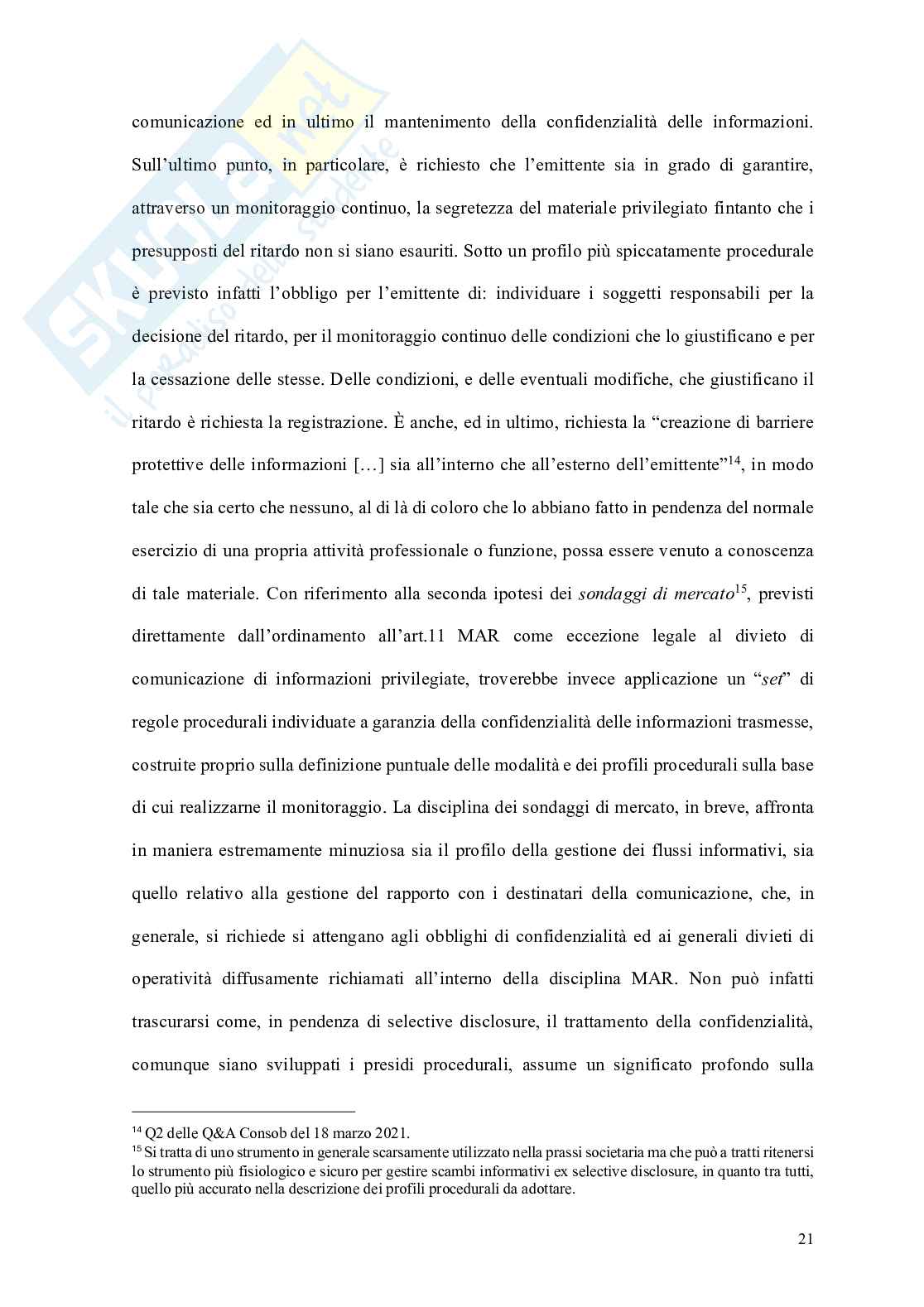 Informazioni Privilegiate e comunicazione selettiva nei mercati finanziari: la Selective Disclosure alla luce del regolamento MAR e delle Q&A Consob Pag. 21
