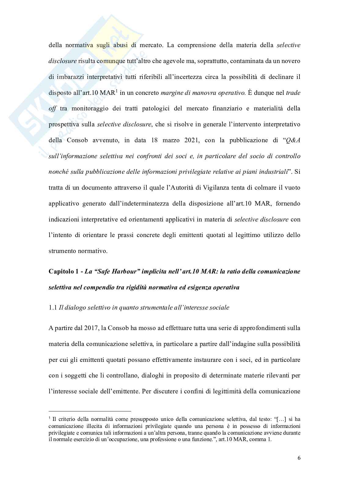 Informazioni Privilegiate e comunicazione selettiva nei mercati finanziari: la Selective Disclosure alla luce del regolamento MAR e delle Q&A Consob Pag. 6
